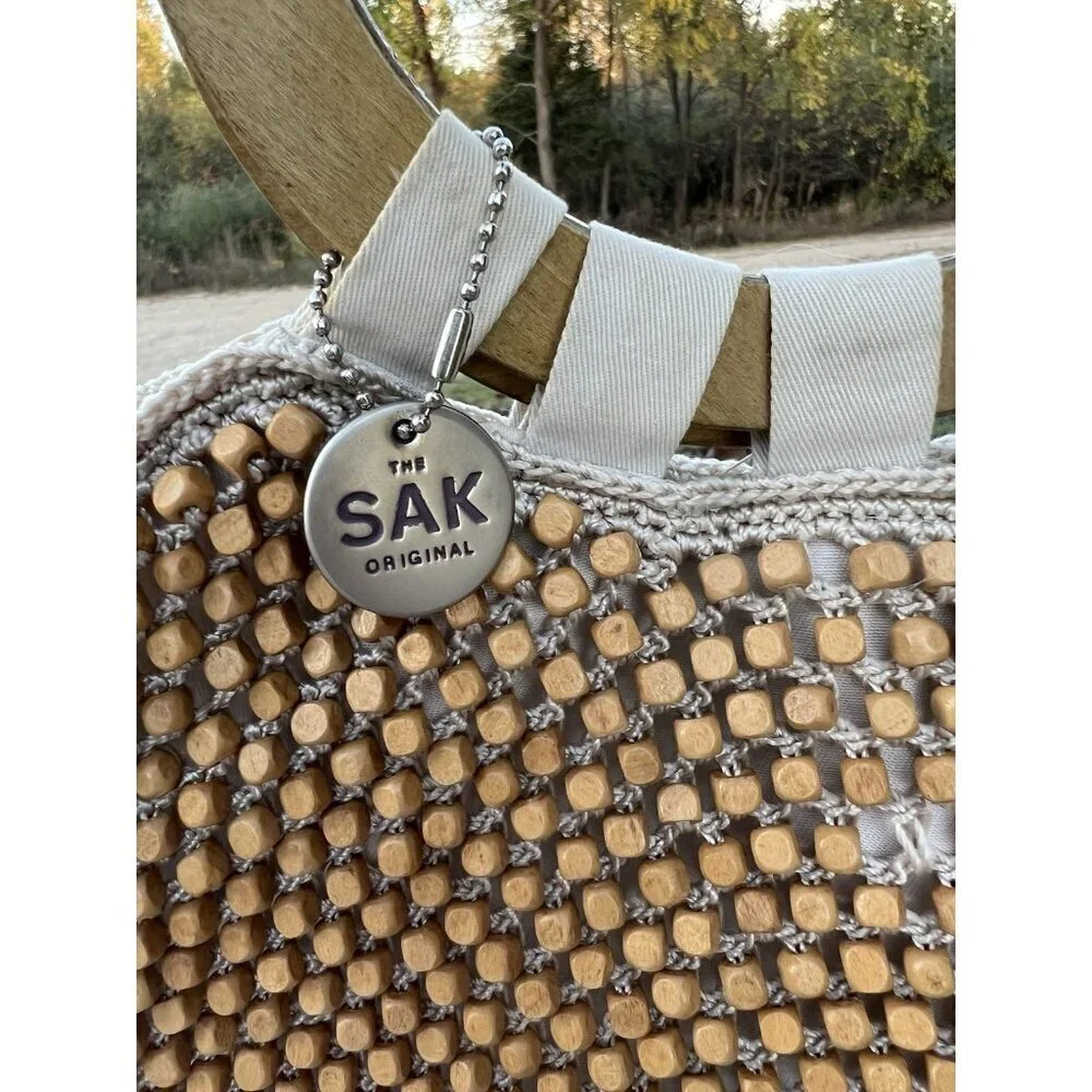 Vintage 90s The Sak beige cream crochet beaded top wood handle bag retro beachy